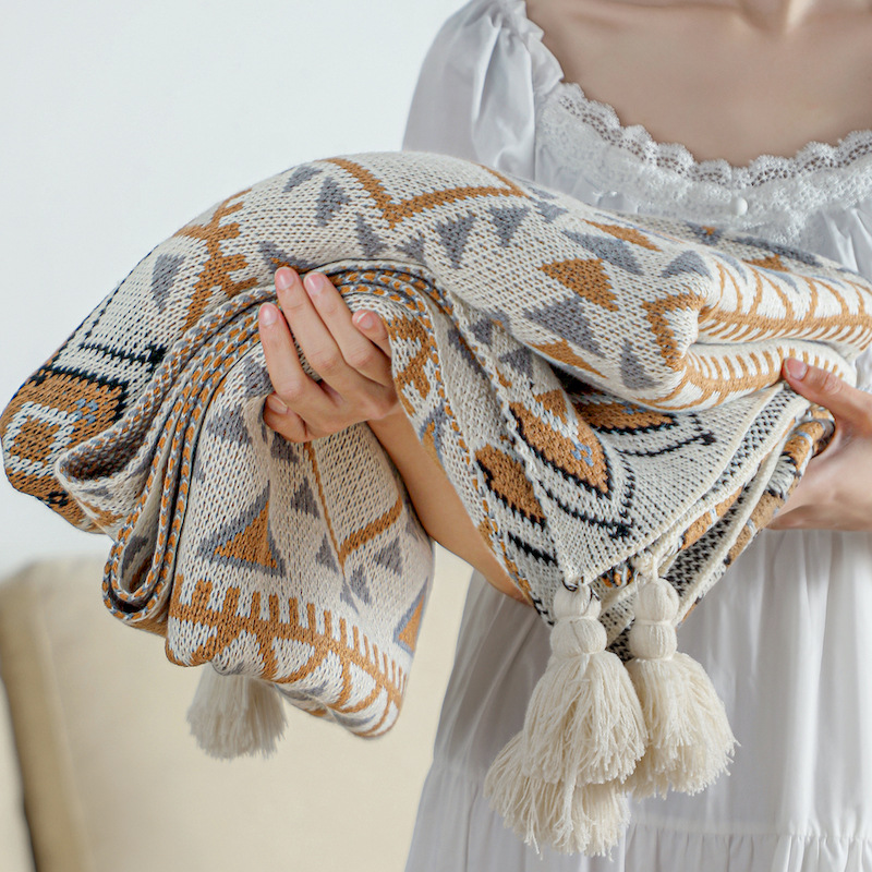 Boho вязать бросить одеяло с геометрическим ромбовидным узором и кисточками
